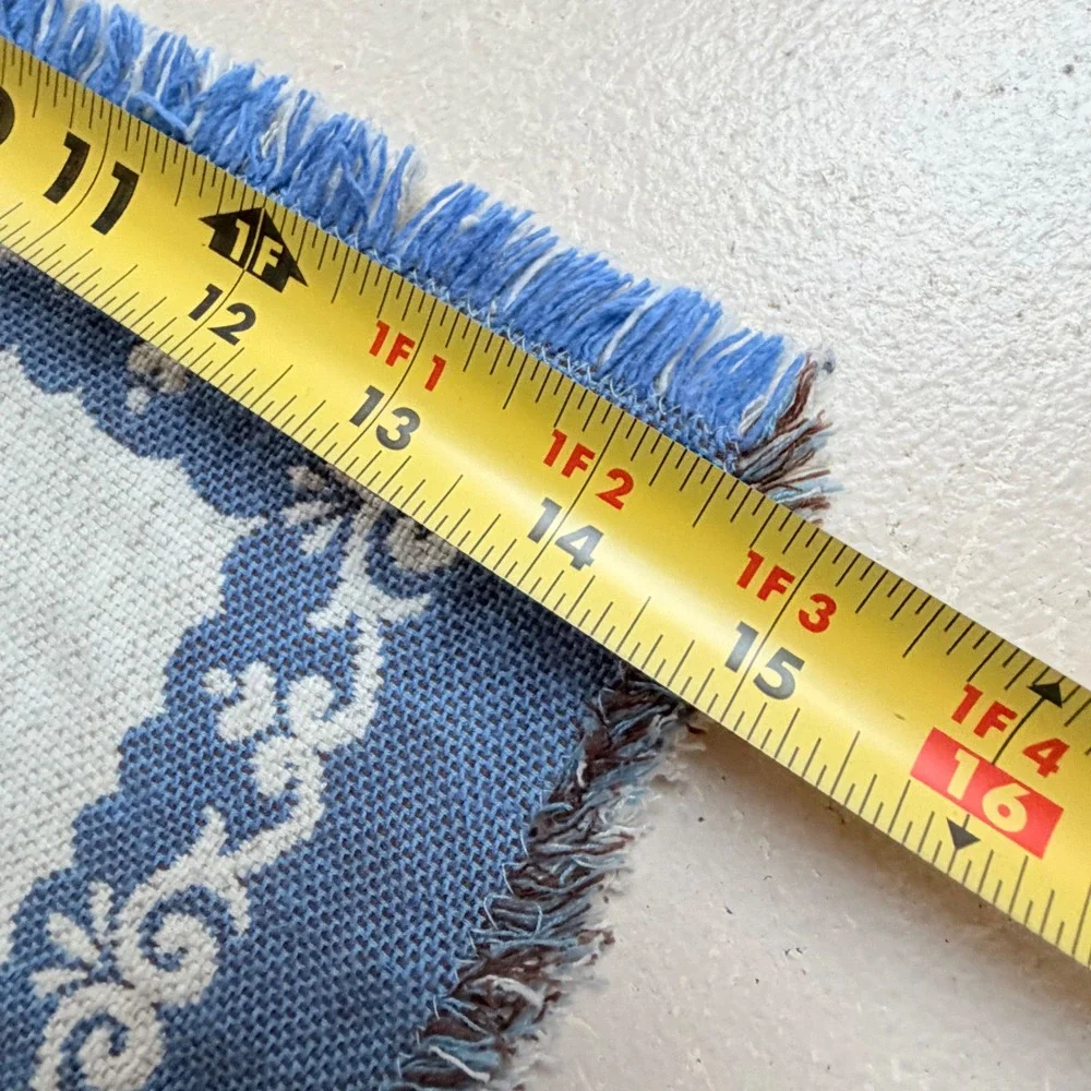 Vintage Blue White Folk Art Woven Table Runner Fringed Scandinavian Style 15x37